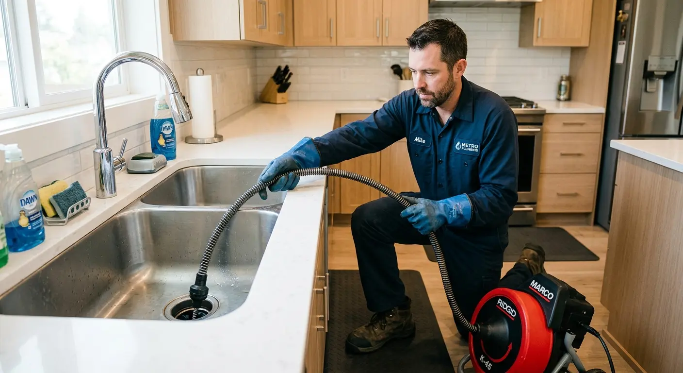 Drain cleaning technician using a motorized snake on a kitchen sink in Wailea